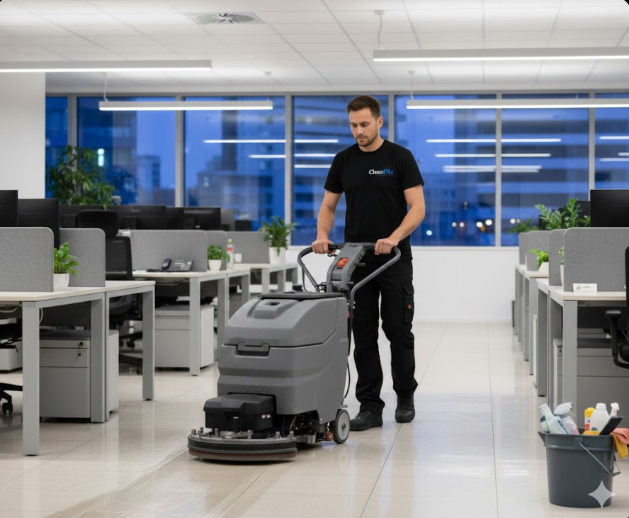 Professional office cleaning with machinery