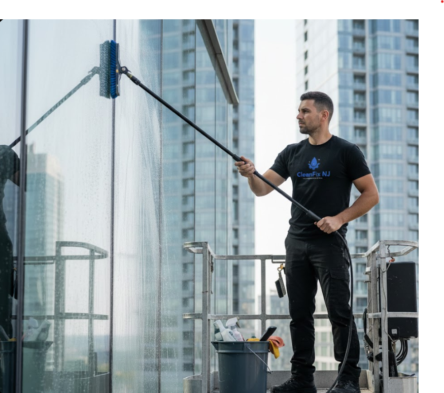 Professional cleaning windows of a tall building