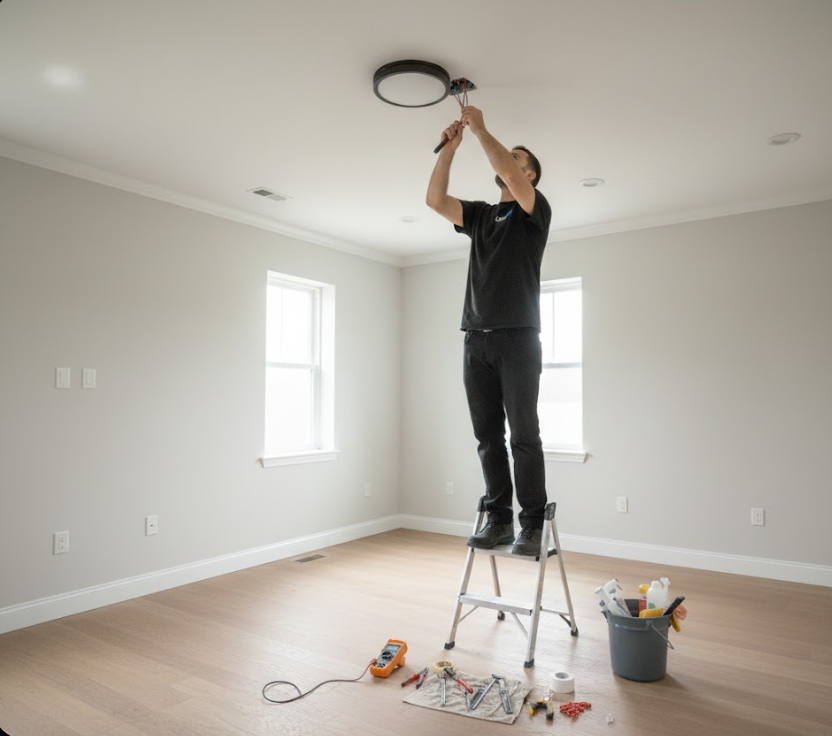 Electrician installing a ceiling lamp