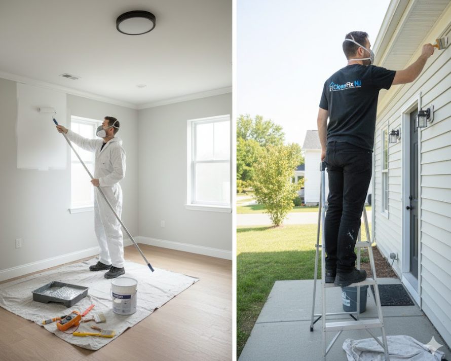 Painter working on the interior and exterior of a house
